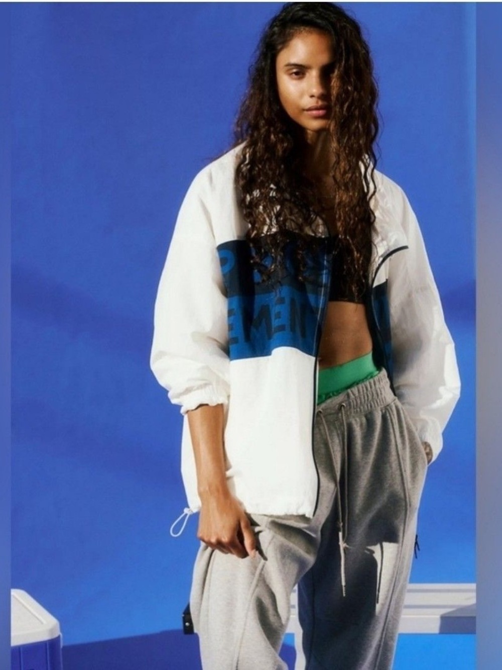 FP Movement White and Blue Colorblock Bomber Jacket